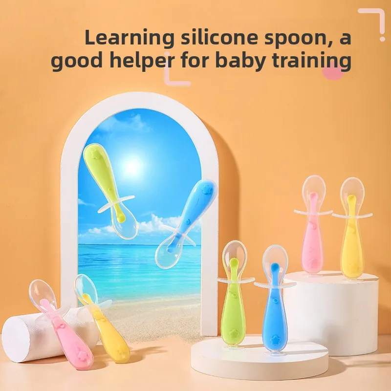 Baby Silicone Spoon, Baby Rice Paste Feeding, Soft Head Soup Spoon, Training Spoon, Children's Shield Silicone Short Spoon thumbnail 3