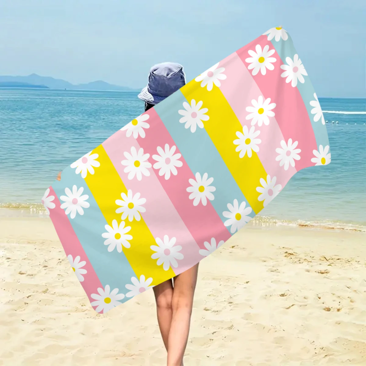 1pc Bohemian Large Beach Towel, Striped Flower Love Printed Bath Towel, Outdoor Swimming, Vacation, Camping Beach Towel thumbnail 4