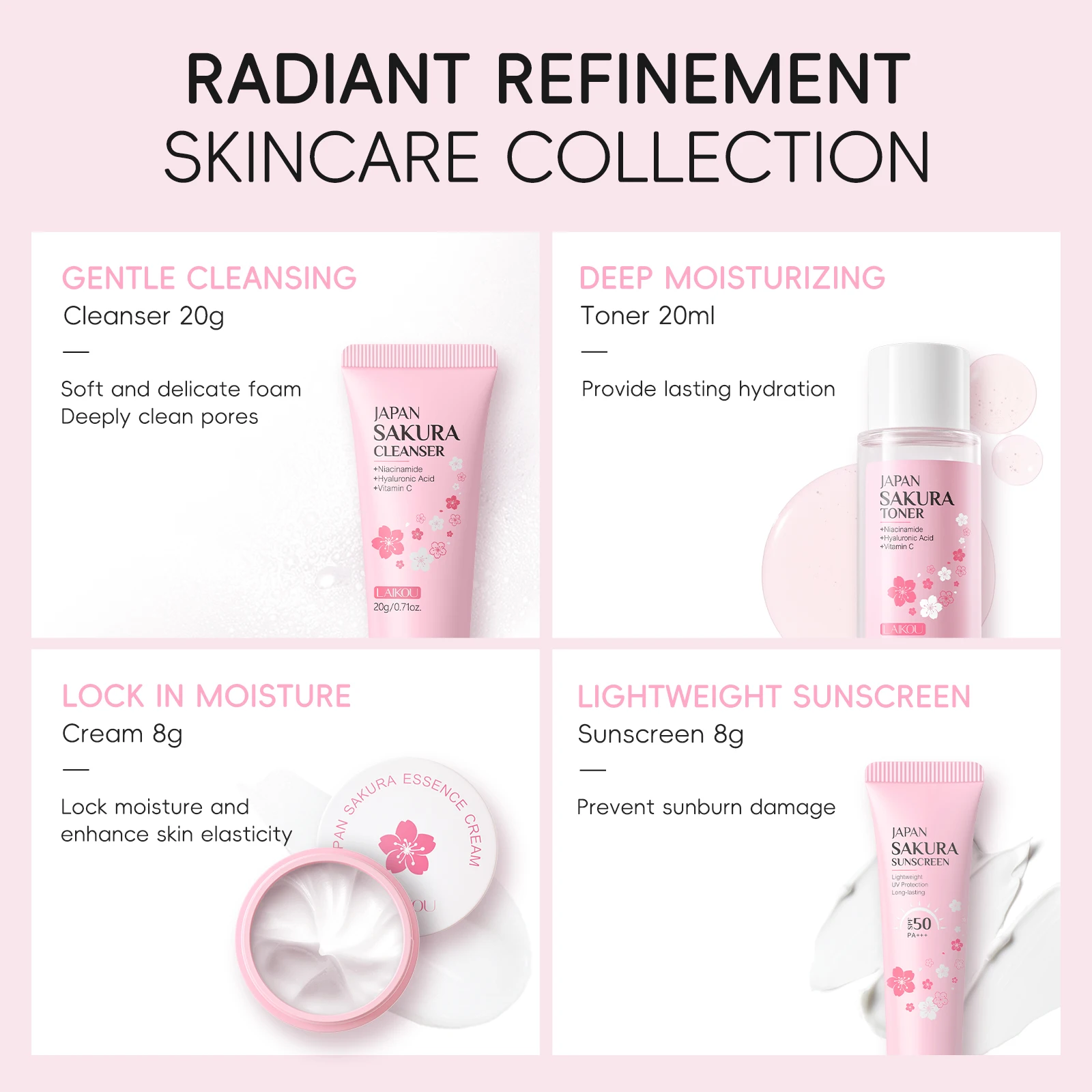 LAIKOU Japan Sakura Travel Kit 4PCS Hydrating Skincare Set Sunscreen Moisturizer Mini Set TSA Approved Travel Essentials thumbnail 6