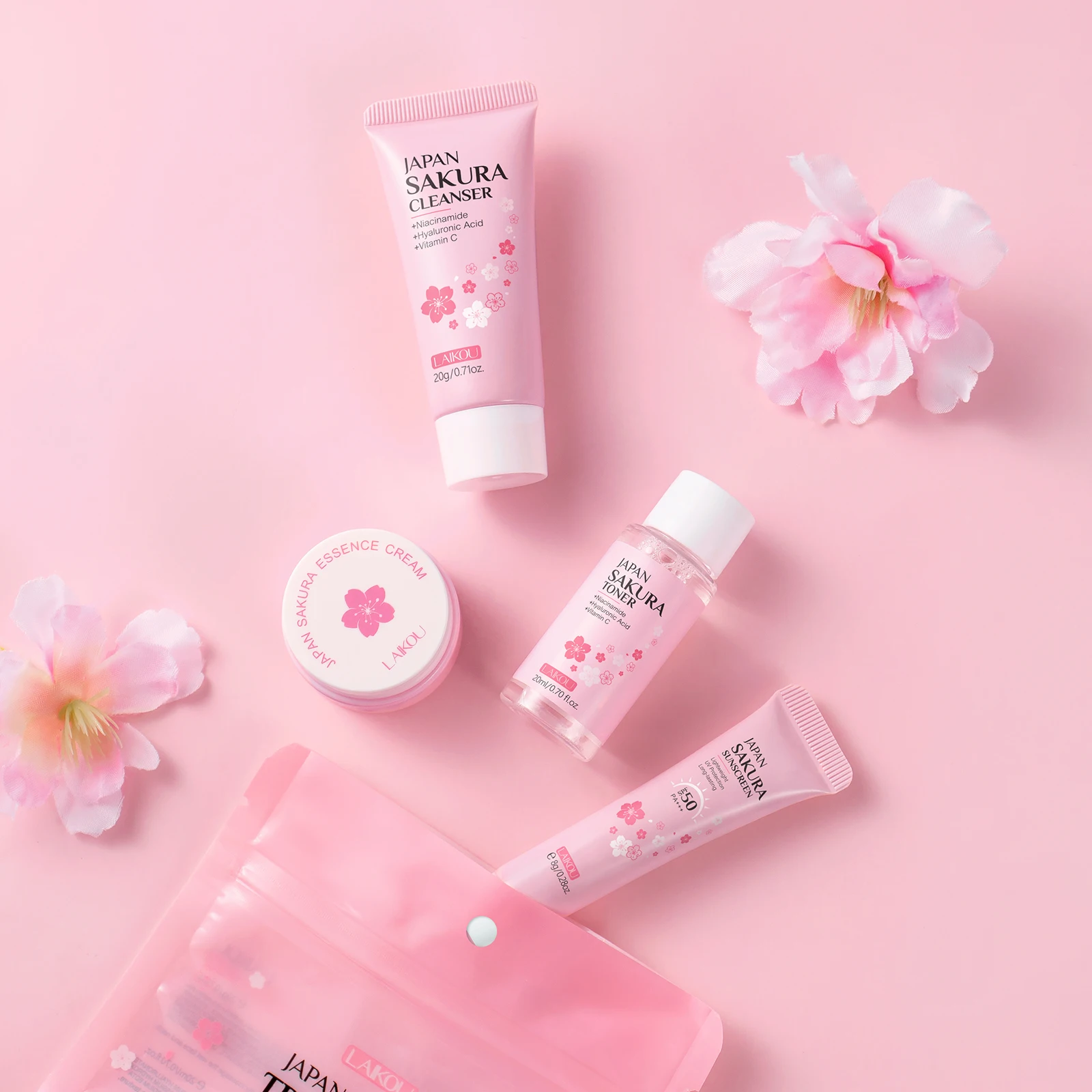 LAIKOU Japan Sakura Travel Kit 4PCS Hydrating Skincare Set Sunscreen Moisturizer Mini Set TSA Approved Travel Essentials thumbnail 3