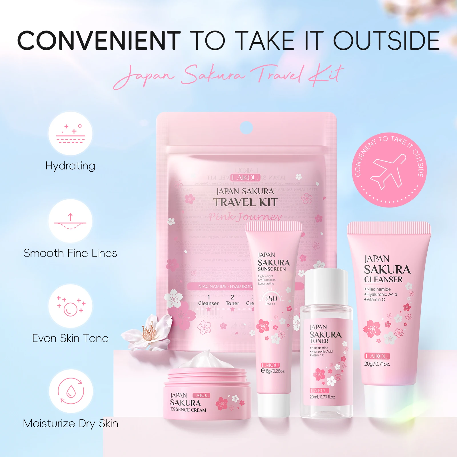 LAIKOU Japan Sakura Travel Kit 4PCS Hydrating Skincare Set Sunscreen Moisturizer Mini Set TSA Approved Travel Essentials thumbnail 4