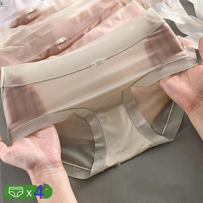 4Pcs/Set Women Panties Sexy Lingerie Ice Silk Quick Drying Briefs Female Seamless Underwear Solid Color Underpants Cool Panties