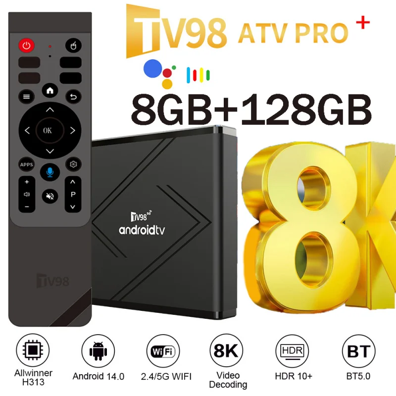 New TV98 ATV Pro Plus TV Box Android 14 Media Player 4G 5G Dual Wifi6 8K 4K BT5.0 Voice remote Allwinner H313 Quad Core iptv