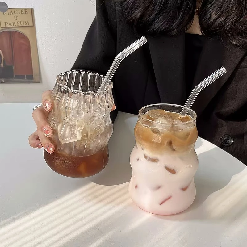 1/2PCS Transparent Glass Cup INS Coffee Mug Heat-resistant Tumbler Drinking Glasses Ripple Water Glasses for Cocktail Beverage thumbnail 3