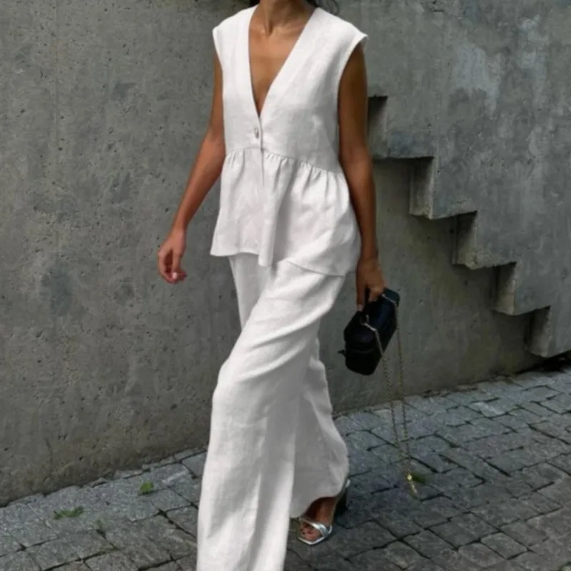 Fashion Women's Trouser Suits Sleeveless V-Neck Top Women Casual Straight Pants Sets Summer Women's Suit Commuter 2 Piece Set thumbnail 3