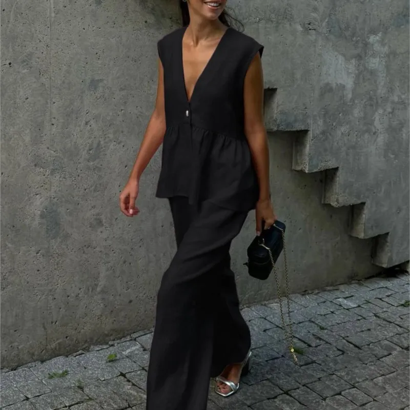 Fashion Women's Trouser Suits Sleeveless V-Neck Top Women Casual Straight Pants Sets Summer Women's Suit Commuter 2 Piece Set thumbnail 4