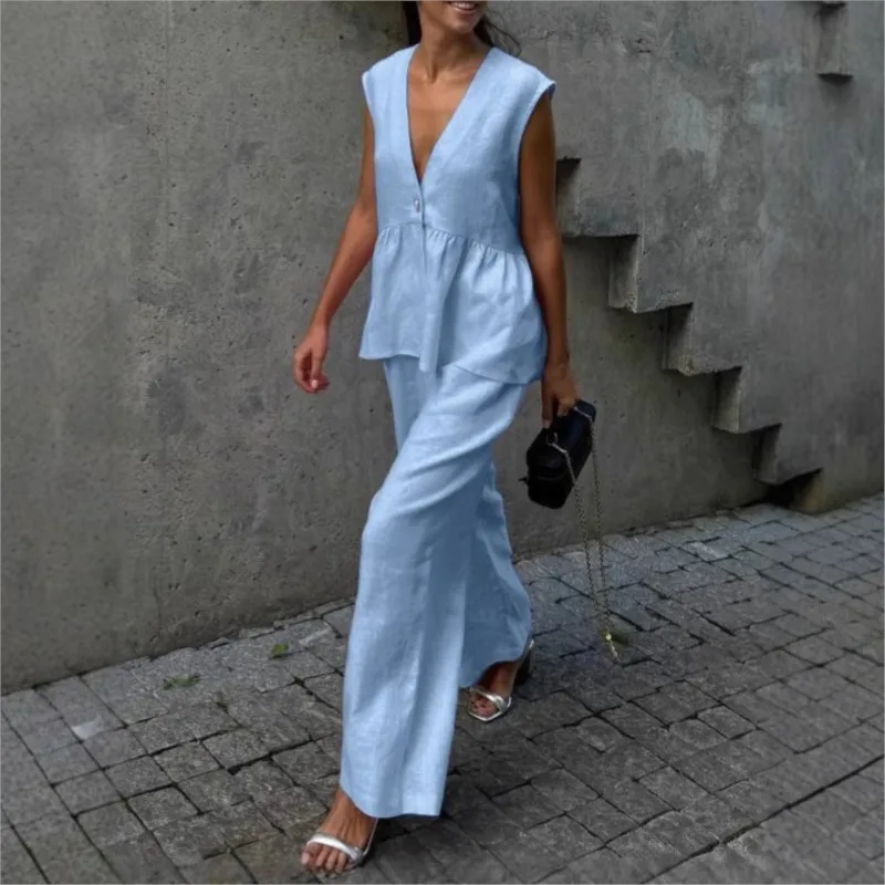 Fashion Women's Trouser Suits Sleeveless V-Neck Top Women Casual Straight Pants Sets Summer Women's Suit Commuter 2 Piece Set thumbnail 6
