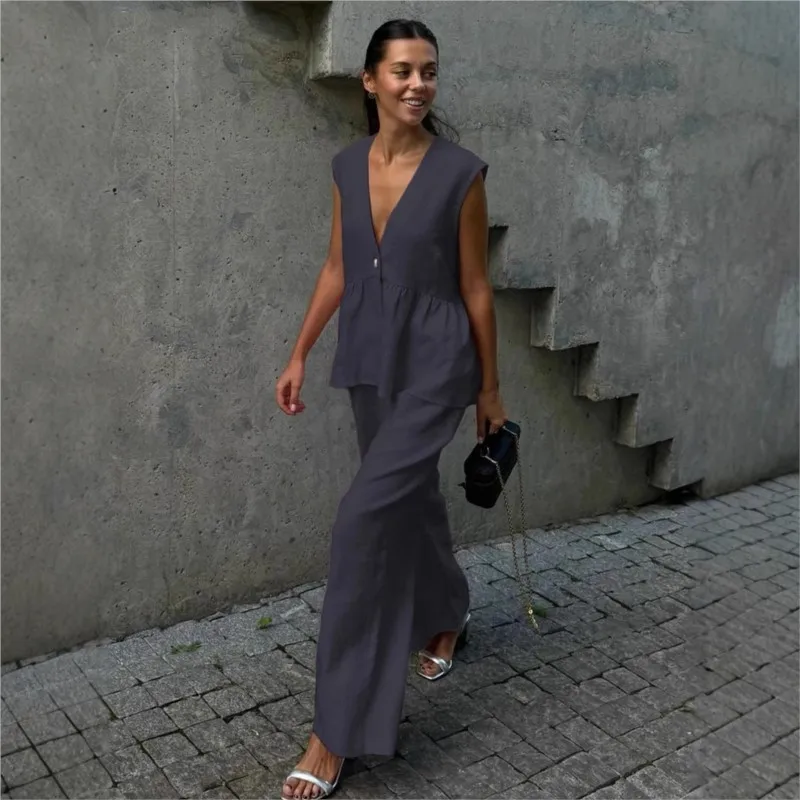 Fashion Women's Trouser Suits Sleeveless V-Neck Top Women Casual Straight Pants Sets Summer Women's Suit Commuter 2 Piece Set thumbnail 5