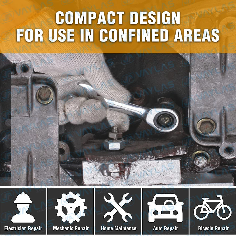 1pc 6-19mm Mini Ratchet Wrench Tool Ultra-short Key Fixed Flex-Head Ratcheting Wrench Stubby Combination Wrench 72T CR-V Steel thumbnail 6