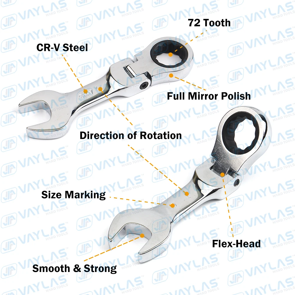 1pc 6-19mm Mini Ratchet Wrench Tool Ultra-short Key Fixed Flex-Head Ratcheting Wrench Stubby Combination Wrench 72T CR-V Steel thumbnail 5