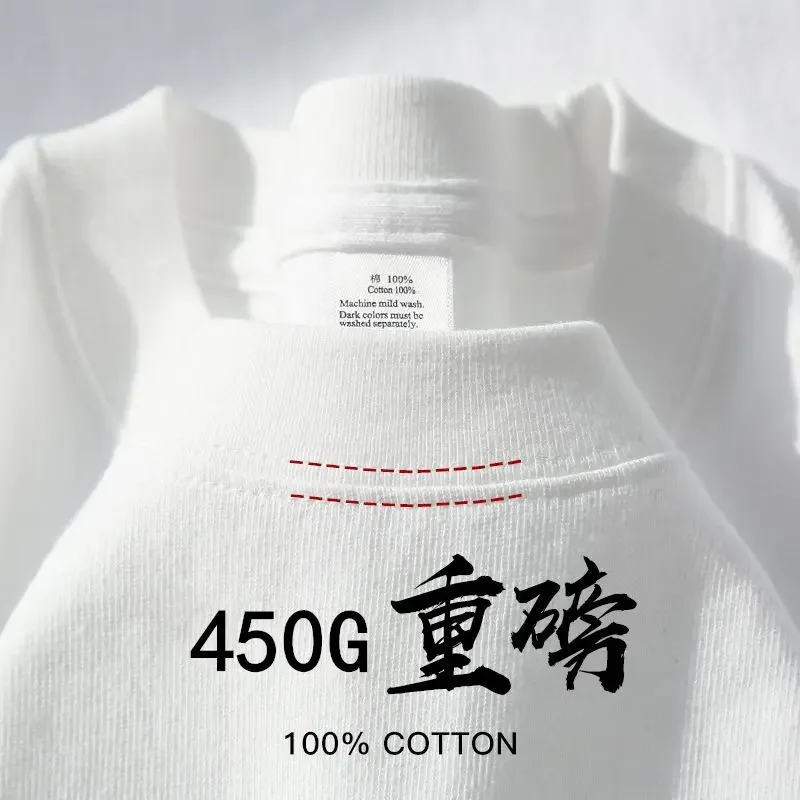 100% Cotton 450g M2 Heavy Cotton Short-sleeved T-shirt Summer Round Neck Loose Versatile Bottoming Shirt for Men and Women thumbnail 2