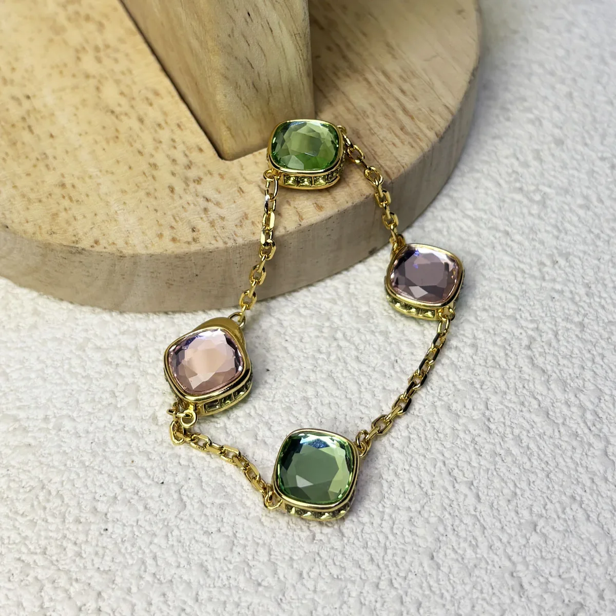 Original 2025 Fine Jewelry Set for Women Green Crystal Pink Crystal Geometric Bracelet Octagonal Cut Crystal Romantic Gift thumbnail 4
