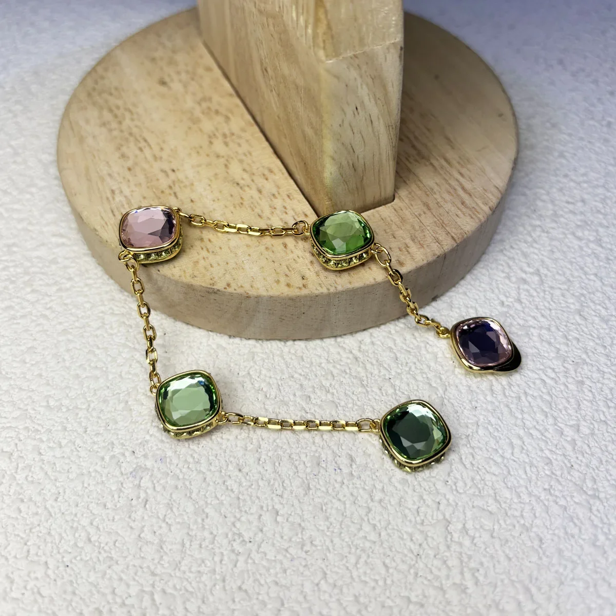 Original 2025 Fine Jewelry Set for Women Green Crystal Pink Crystal Geometric Bracelet Octagonal Cut Crystal Romantic Gift thumbnail 2