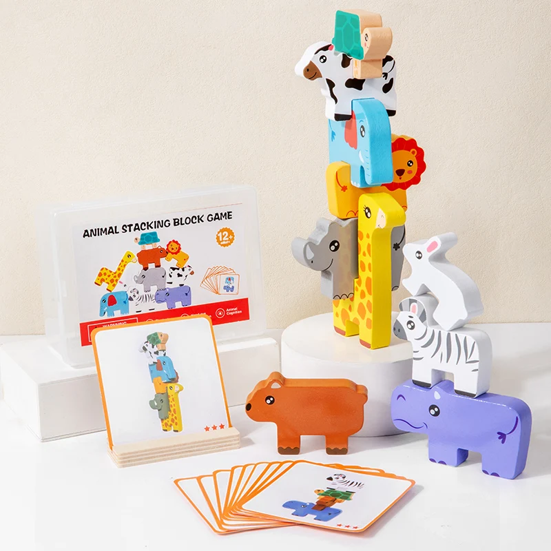 Wooden Animal Stacking Block Game Shape Matching Puzzle Balance Toy Montessori Fine Motor Training Educational Toys For Children thumbnail 3