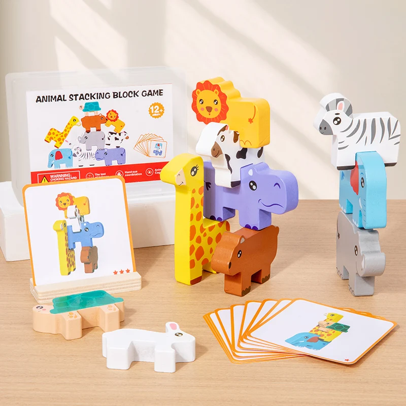 Wooden Animal Stacking Block Game Shape Matching Puzzle Balance Toy Montessori Fine Motor Training Educational Toys For Children thumbnail 2