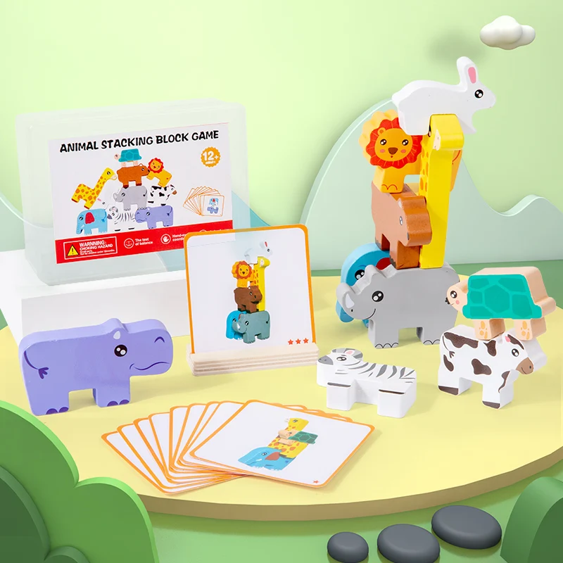 Wooden Animal Stacking Block Game Shape Matching Puzzle Balance Toy Montessori Fine Motor Training Educational Toys For Children thumbnail 4