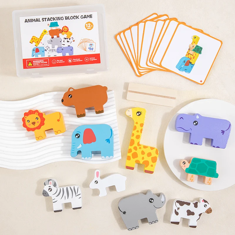 Wooden Animal Stacking Block Game Shape Matching Puzzle Balance Toy Montessori Fine Motor Training Educational Toys For Children thumbnail 5