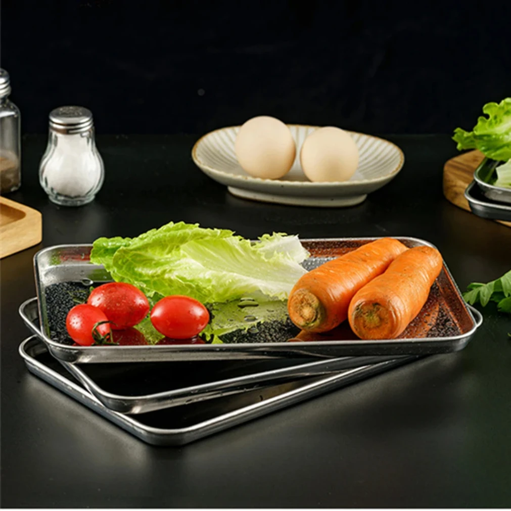 Rectangle Stainless Steel Tray Buffet Presentation Tray Metal Food Serving Plate Rice Noodle Pan Home Dishes Storage Organizer thumbnail 2