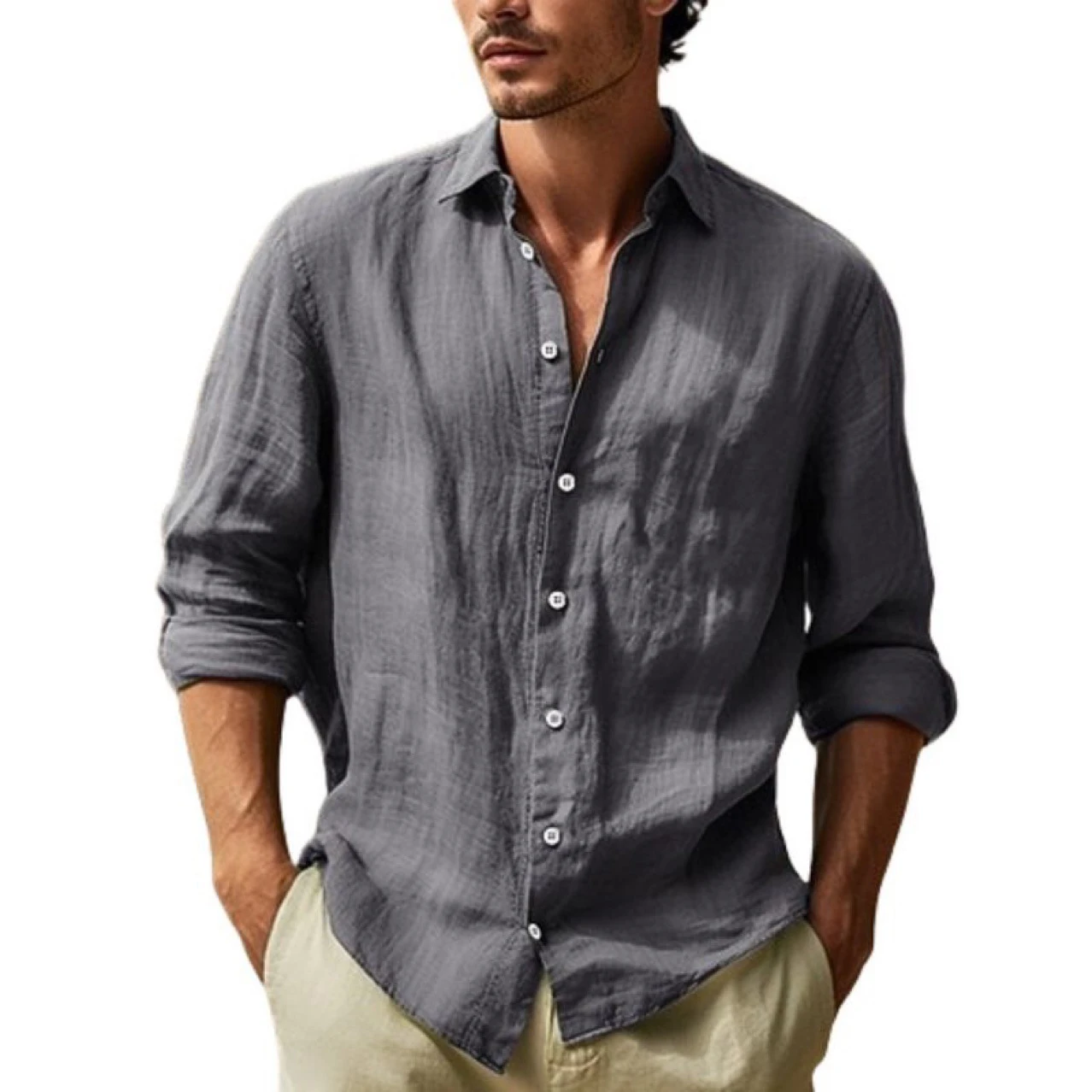Four season men's casual solid color long sleeved pure cotton shirt for European and American foreign trade men's clothing thumbnail 2