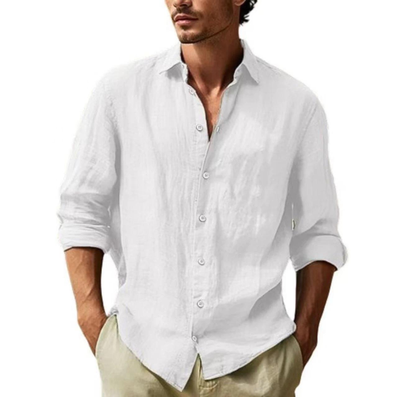 Four season men's casual solid color long sleeved pure cotton shirt for European and American foreign trade men's clothing thumbnail 4