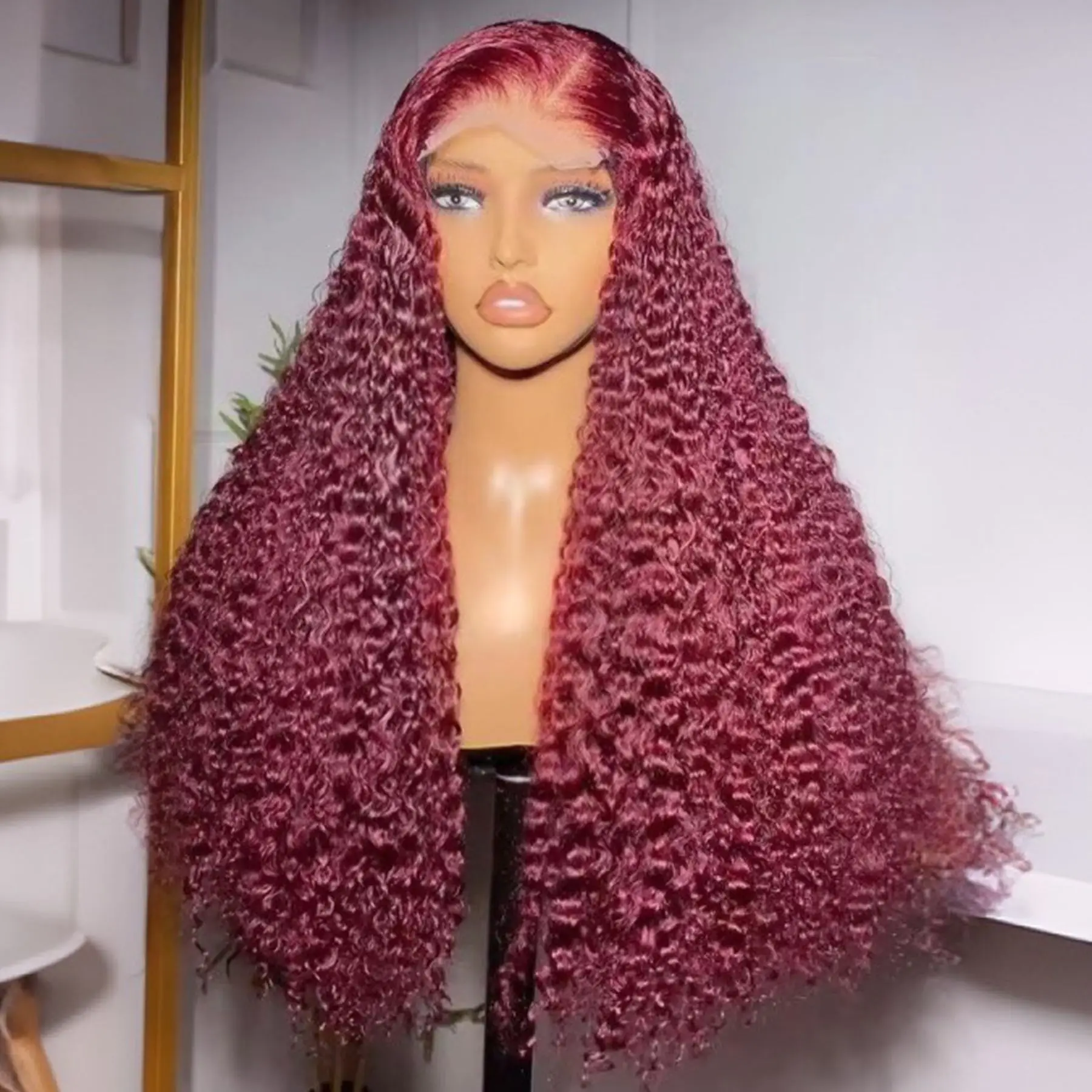 99J Red Burgundy Color Deep Wave 13X4 Lace Frontal Synthetic Wig For Women Natural Hairline Baby Hair Preplucked Bleach Knots thumbnail 2
