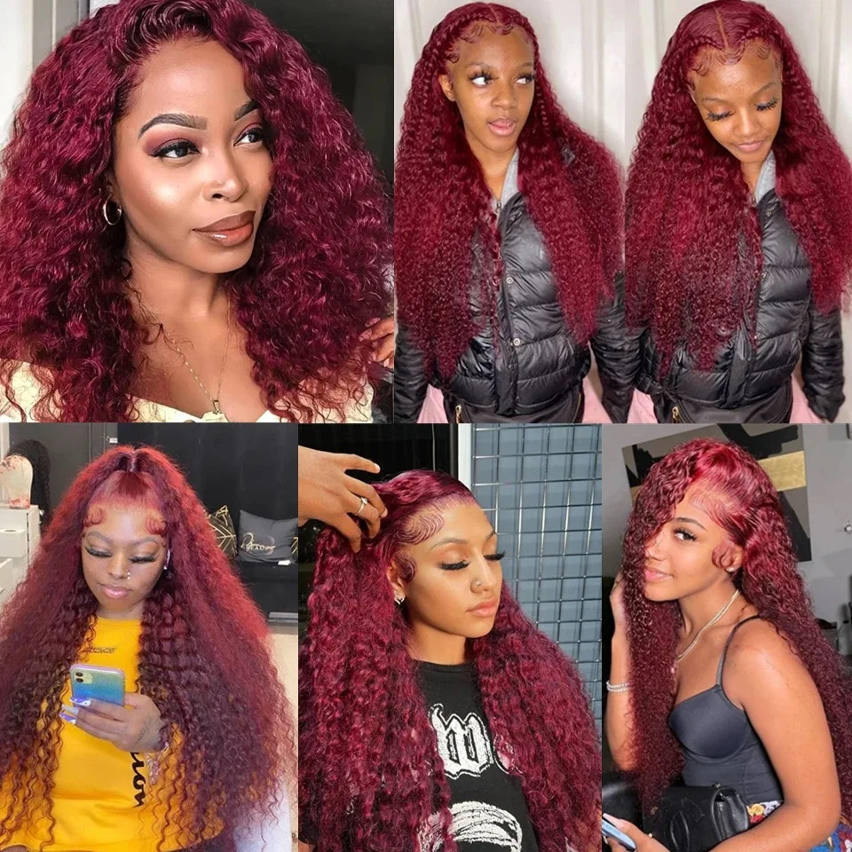 99J Red Burgundy Color Deep Wave 13X4 Lace Frontal Synthetic Wig For Women Natural Hairline Baby Hair Preplucked Bleach Knots thumbnail 4
