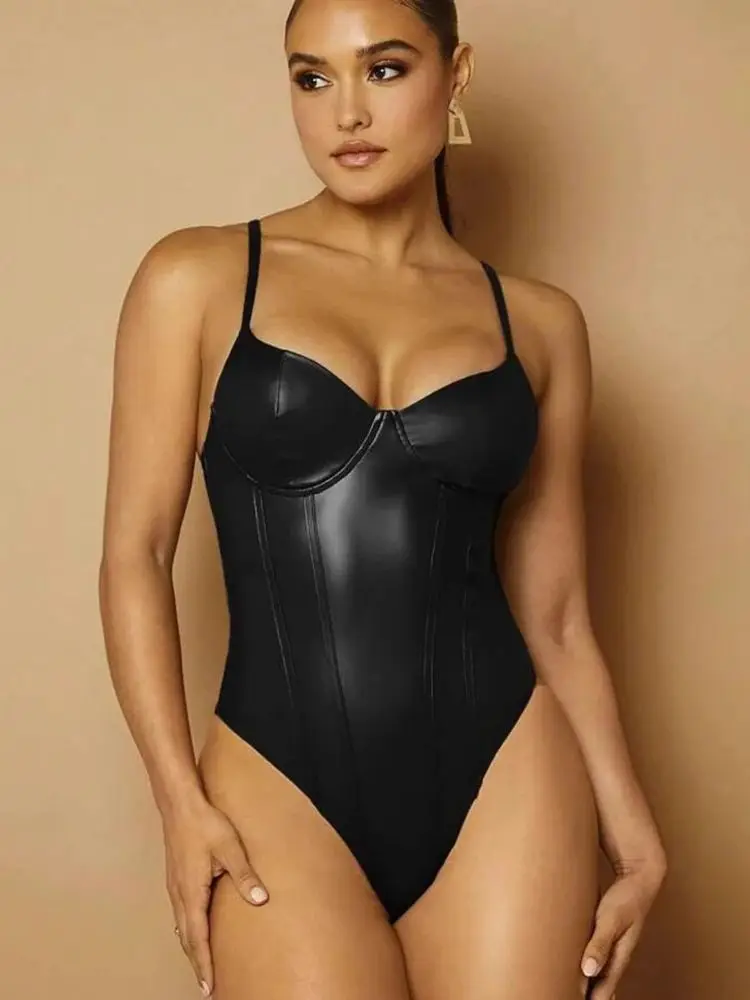 S-XL Sleeveless PU Leather Shaped Breast Catsuit Button Open Crotch Bodysuit Tights Sexy Body Teddies Swimsuit Leotard Unitard thumbnail 2