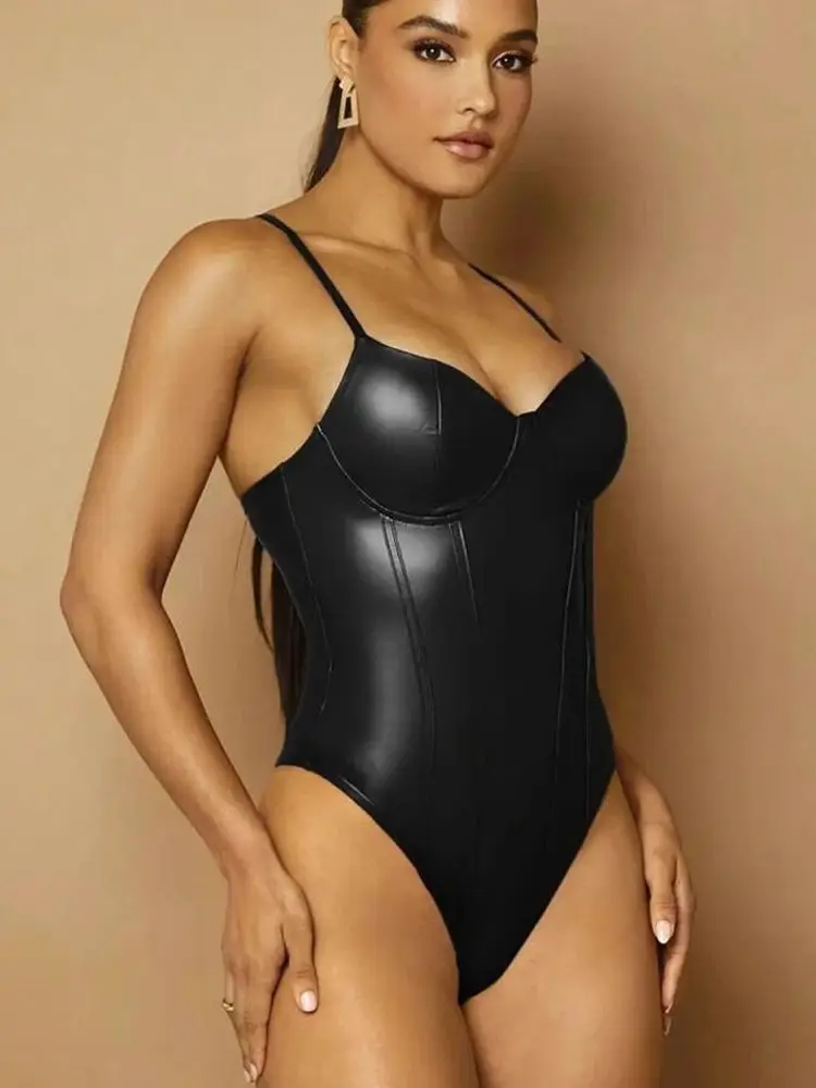S-XL Sleeveless PU Leather Shaped Breast Catsuit Button Open Crotch Bodysuit Tights Sexy Body Teddies Swimsuit Leotard Unitard thumbnail 3