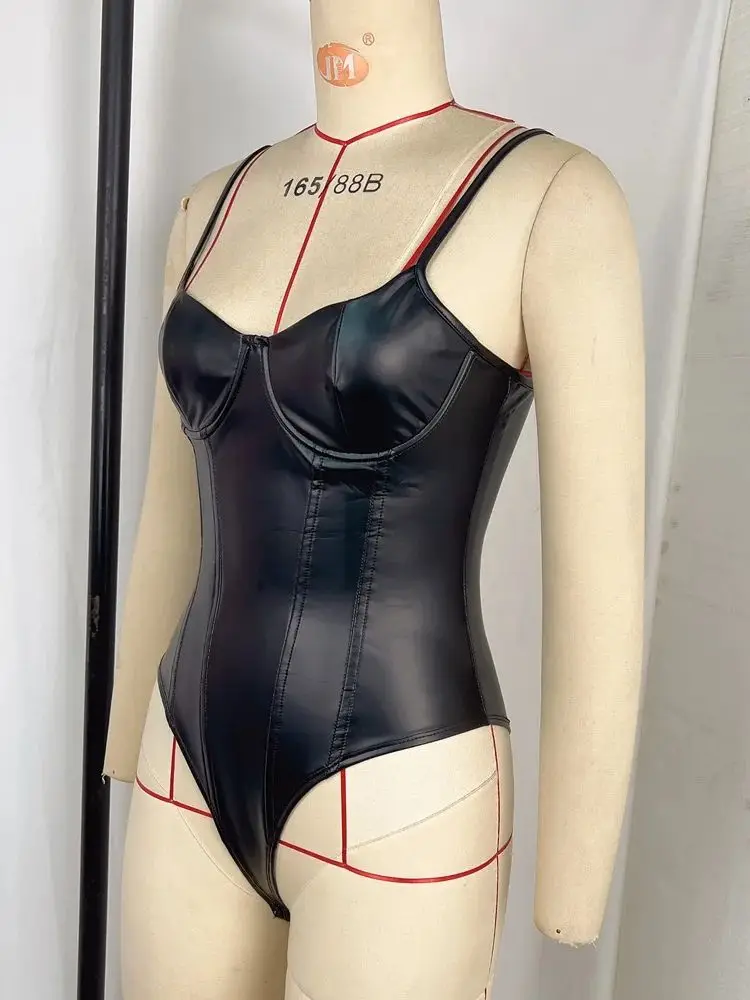 S-XL Sleeveless PU Leather Shaped Breast Catsuit Button Open Crotch Bodysuit Tights Sexy Body Teddies Swimsuit Leotard Unitard thumbnail 5