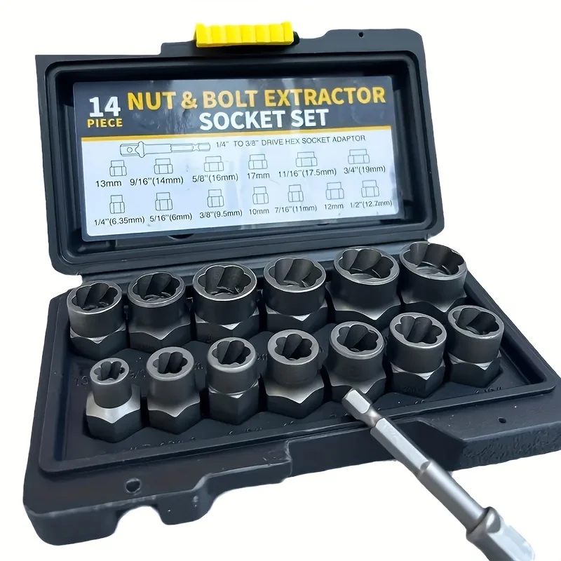 14pcs Damaged Lmpact Socket Set, Nut And Bolt Extractor & Remover-Chrome Molybdenum Steel Extractors With Storage Box thumbnail 6