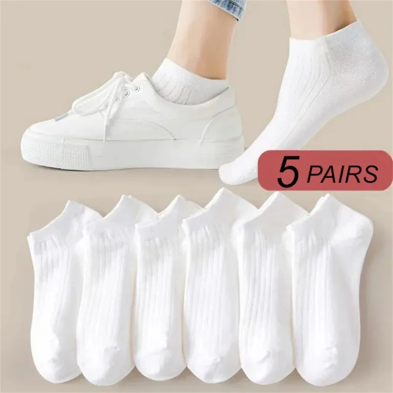 5 Pairs/Pack Ankle Socks Women 100% Cotton Invisible Sweat-absorbing Girls Low Tube Boat Socks white socks