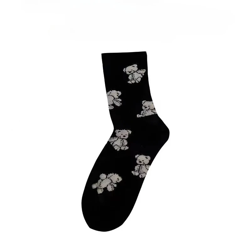 5 Pairs Women Cute Little Bear Mid Calf Socks Fashionable And Versatile Floral Prints Breathable Soft Comfortable Casual Socks thumbnail 4