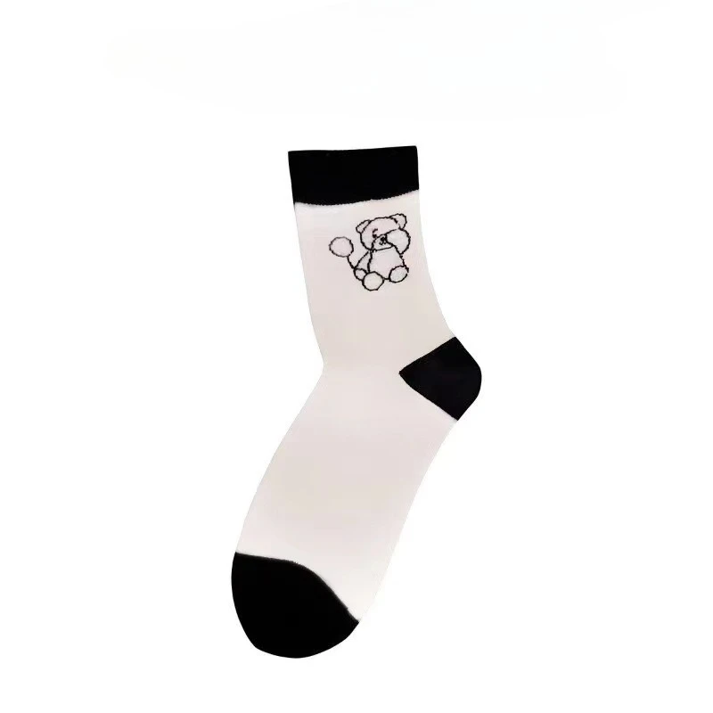 5 Pairs Women Cute Little Bear Mid Calf Socks Fashionable And Versatile Floral Prints Breathable Soft Comfortable Casual Socks thumbnail 6