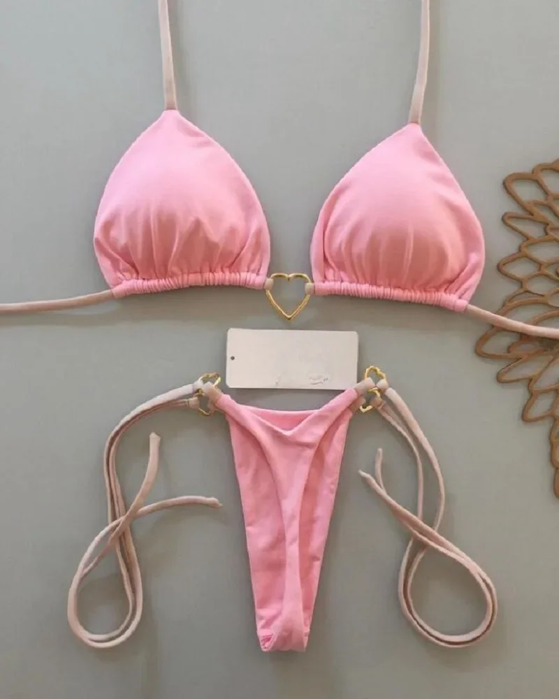 Sexy Halter Solid color Bikini Set Women's Swimsuit Two-piece Triangle Thong Swimwear Bathing Suit Brazilian Biquinis thumbnail 4
