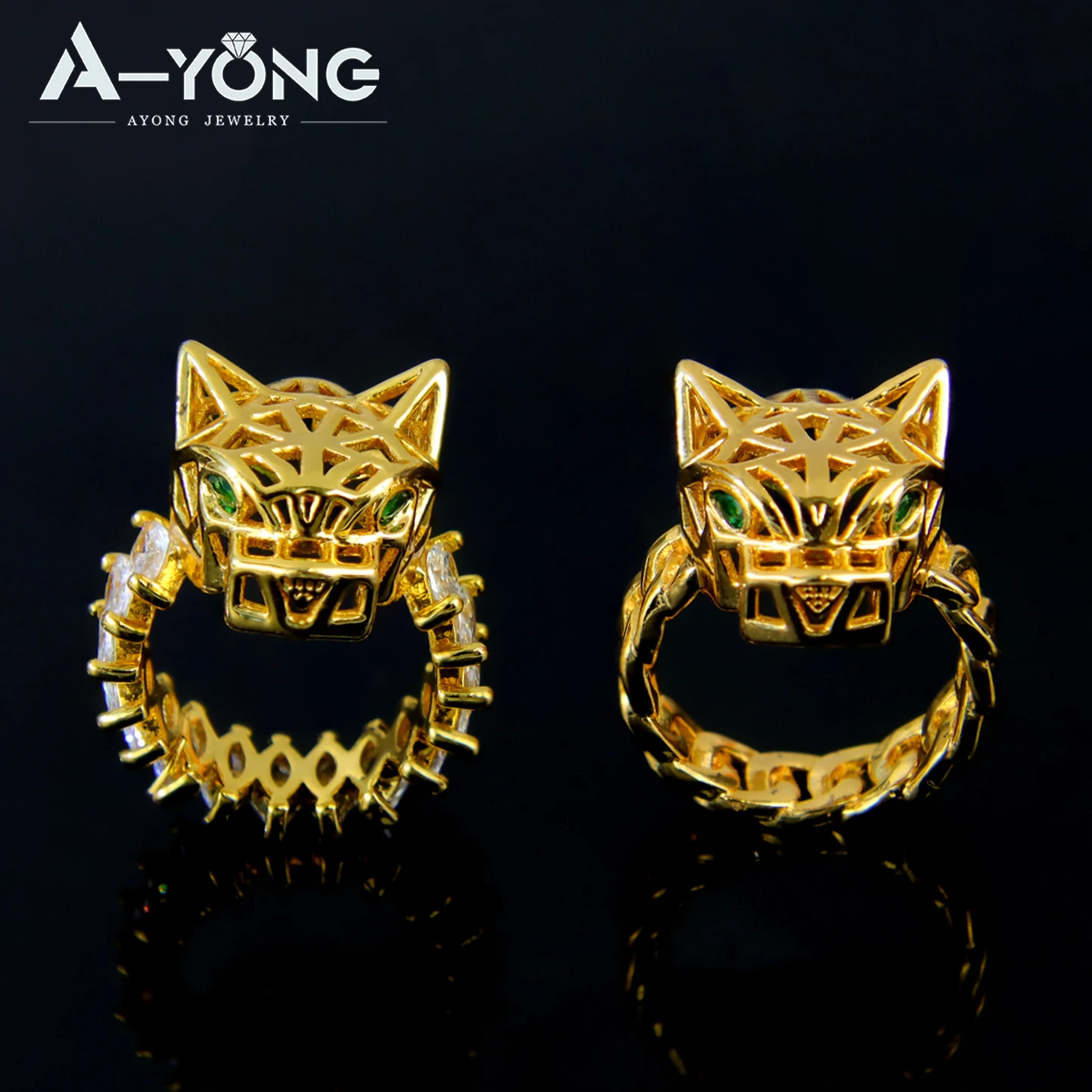 Luxury Hip Hop Leopard Head Big Rings 21k Gold Plated Dubai Zirconia Fashion Panther Ring Middle Eastern Punk Jewelry thumbnail 6