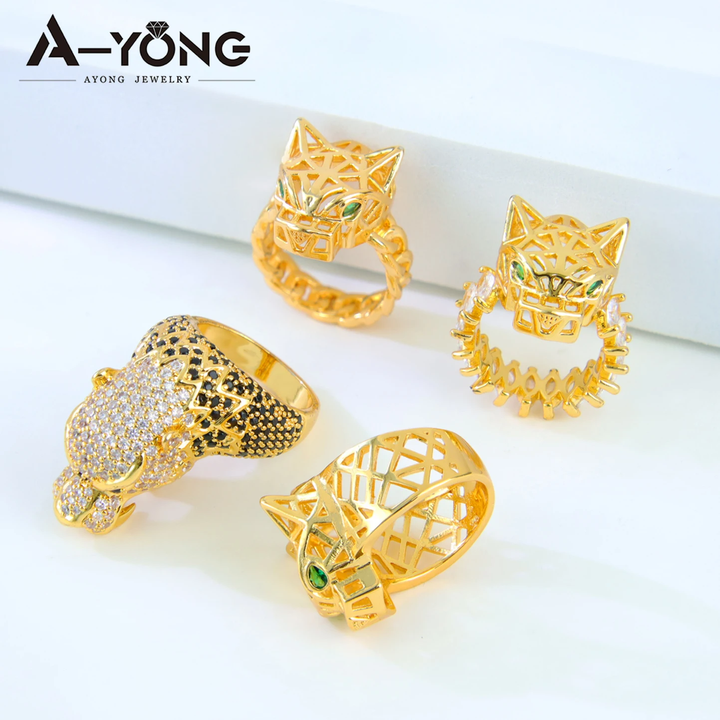 Luxury Hip Hop Leopard Head Big Rings 21k Gold Plated Dubai Zirconia Fashion Panther Ring Middle Eastern Punk Jewelry thumbnail 5