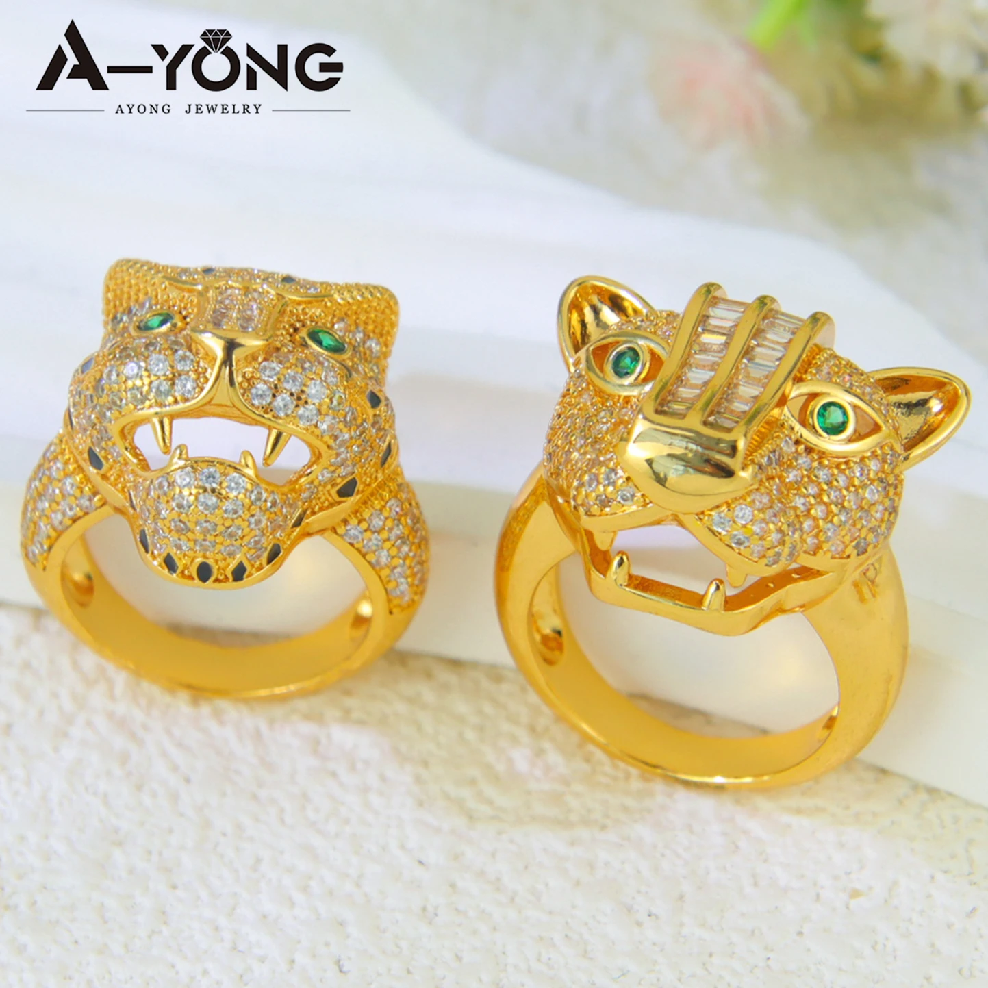 Luxury Hip Hop Leopard Head Big Rings 21k Gold Plated Dubai Zirconia Fashion Panther Ring Middle Eastern Punk Jewelry thumbnail 4
