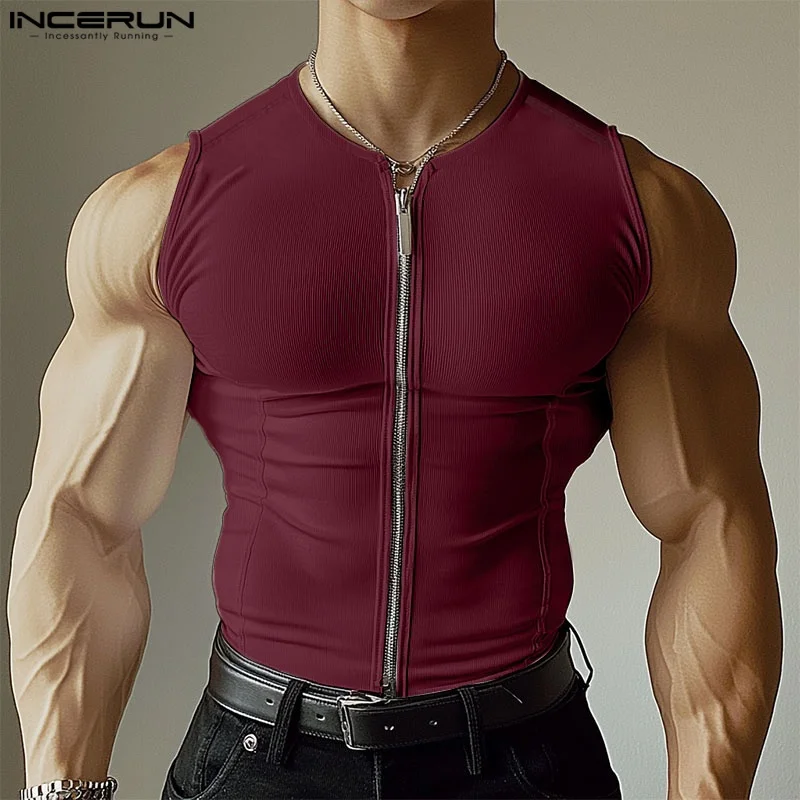 Sexy Sleeveless Men Tank Tops Summer Zipper INCERUN Fashion Solid Color Tops Tee Men's Clothing Vests Streetwear Oversize S-3XL thumbnail 3