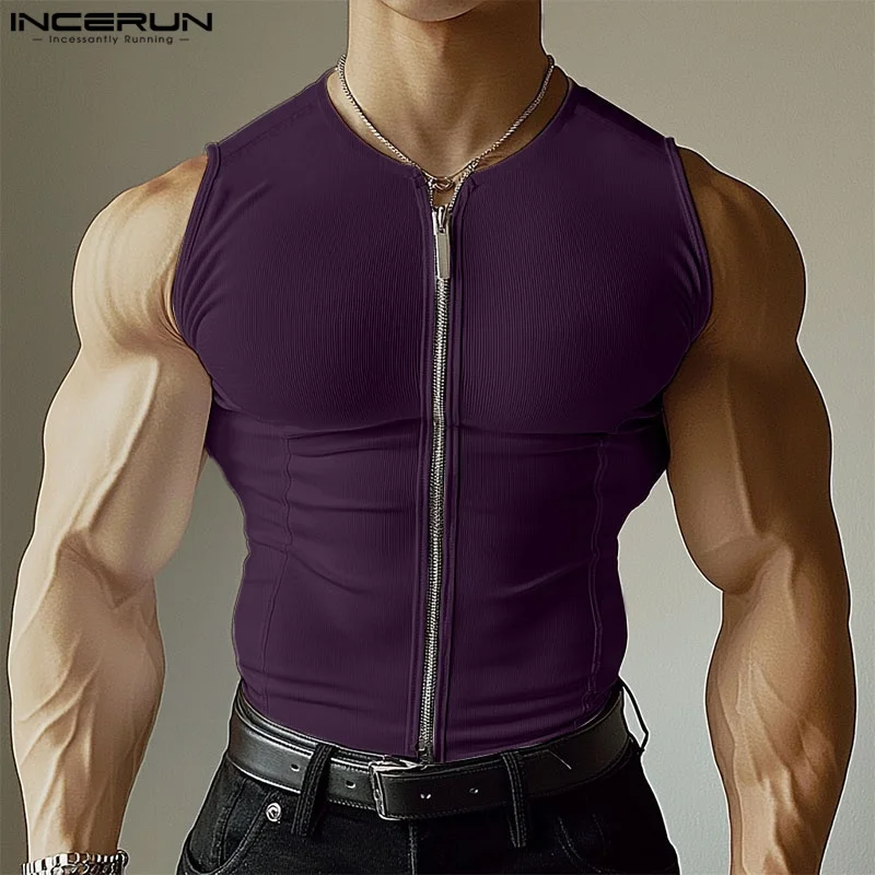 Sexy Sleeveless Men Tank Tops Summer Zipper INCERUN Fashion Solid Color Tops Tee Men's Clothing Vests Streetwear Oversize S-3XL thumbnail 2