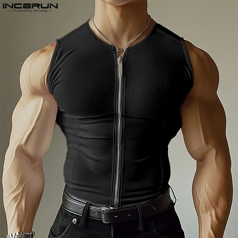 Sexy Sleeveless Men Tank Tops Summer Zipper INCERUN Fashion Solid Color Tops Tee Men's Clothing Vests Streetwear Oversize S-3XL
