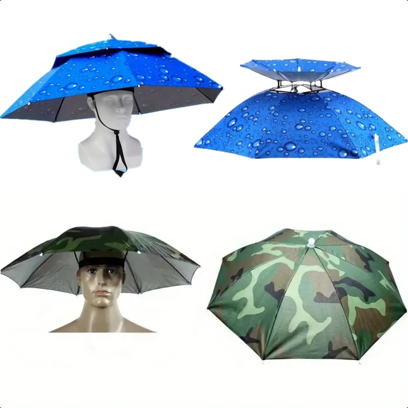 Rain Umbrella Hat Foldable Sun Shade Waterproof Fishing Headwear Cap Beach Head Hats Double-Layer UV Protection Sunscreen thumbnail 5