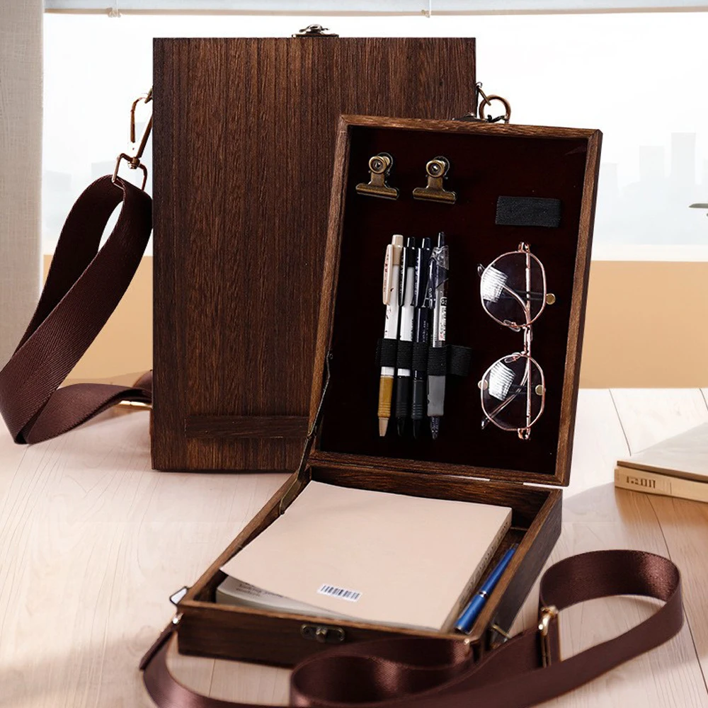 Retro Nostalgic Writers Wood Box Bags Women's Wood Messenger Bags Outdoor Sketch Bags Tool Storage with Lid Souvenir Box Bags thumbnail 2