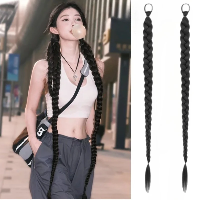 1/2PCS Synthetic Long Twist Braid Hair Extensions With Rubber Band Female Boxing Braided Wig Artificial Ponytail For Women Daily