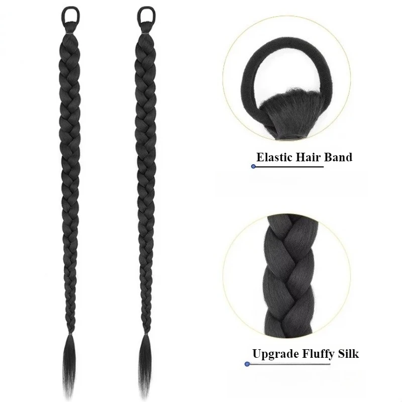 1/2PCS Synthetic Long Twist Braid Hair Extensions With Rubber Band Female Boxing Braided Wig Artificial Ponytail For Women Daily thumbnail 2