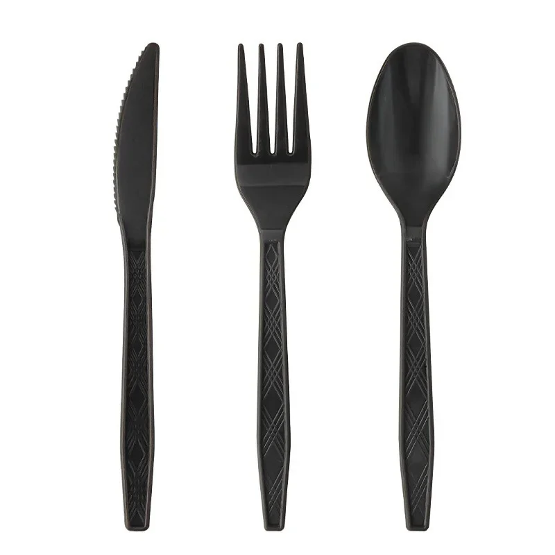 Disposable Tableware Solid Black Theme Birthday Party Paper Napkins Cups Plates Tablecloths Knife Fork Spoon Party Decorations thumbnail 2