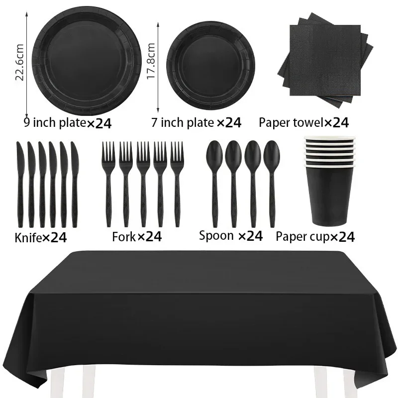 Disposable Tableware Solid Black Theme Birthday Party Paper Napkins Cups Plates Tablecloths Knife Fork Spoon Party Decorations thumbnail 6