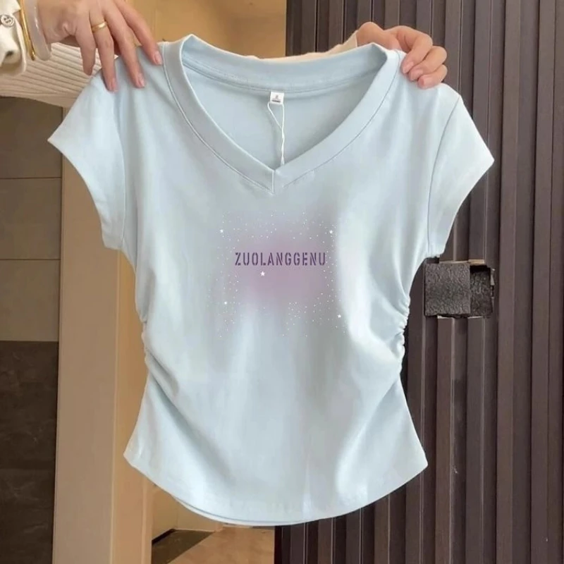 All-match Pleated Slim Short Korean Tops Summer New Short Sleeve Printing Letter Casual T Shirts Sexy Fashion Women Clothing