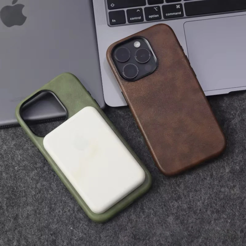Retro Crazy Horse Leather MagSafe Phone Case For iPhone 16 Pro 15 14 13 12 17 Pro Max Simple Leather Texture Magnetic Phone Case thumbnail 3