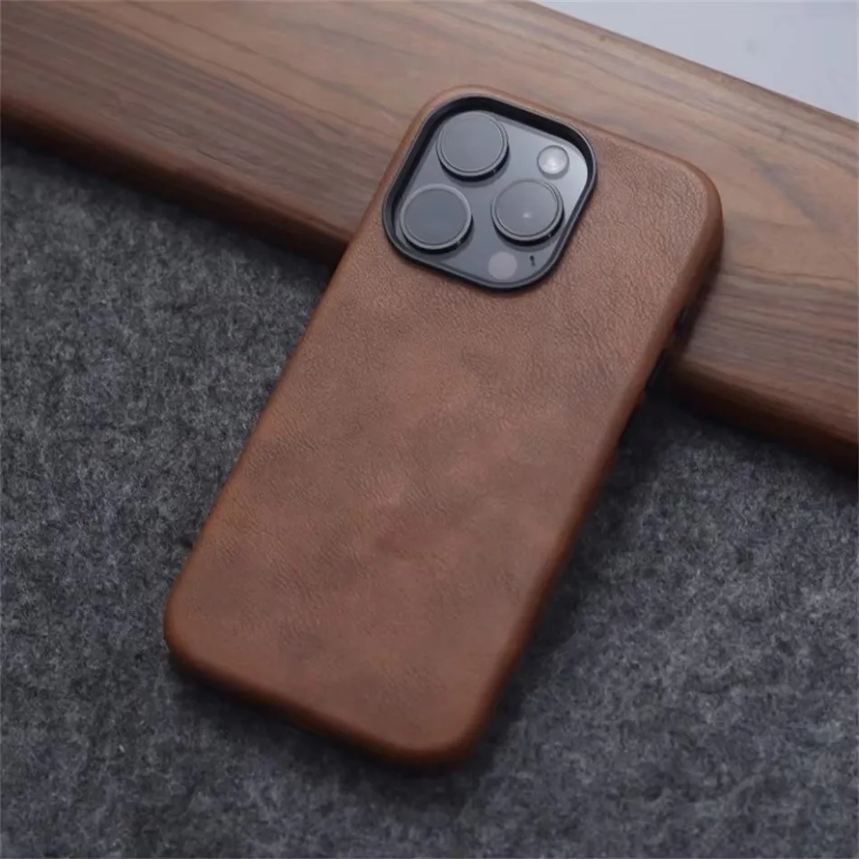 Retro Crazy Horse Leather MagSafe Phone Case For iPhone 16 Pro 15 14 13 12 17 Pro Max Simple Leather Texture Magnetic Phone Case thumbnail 2