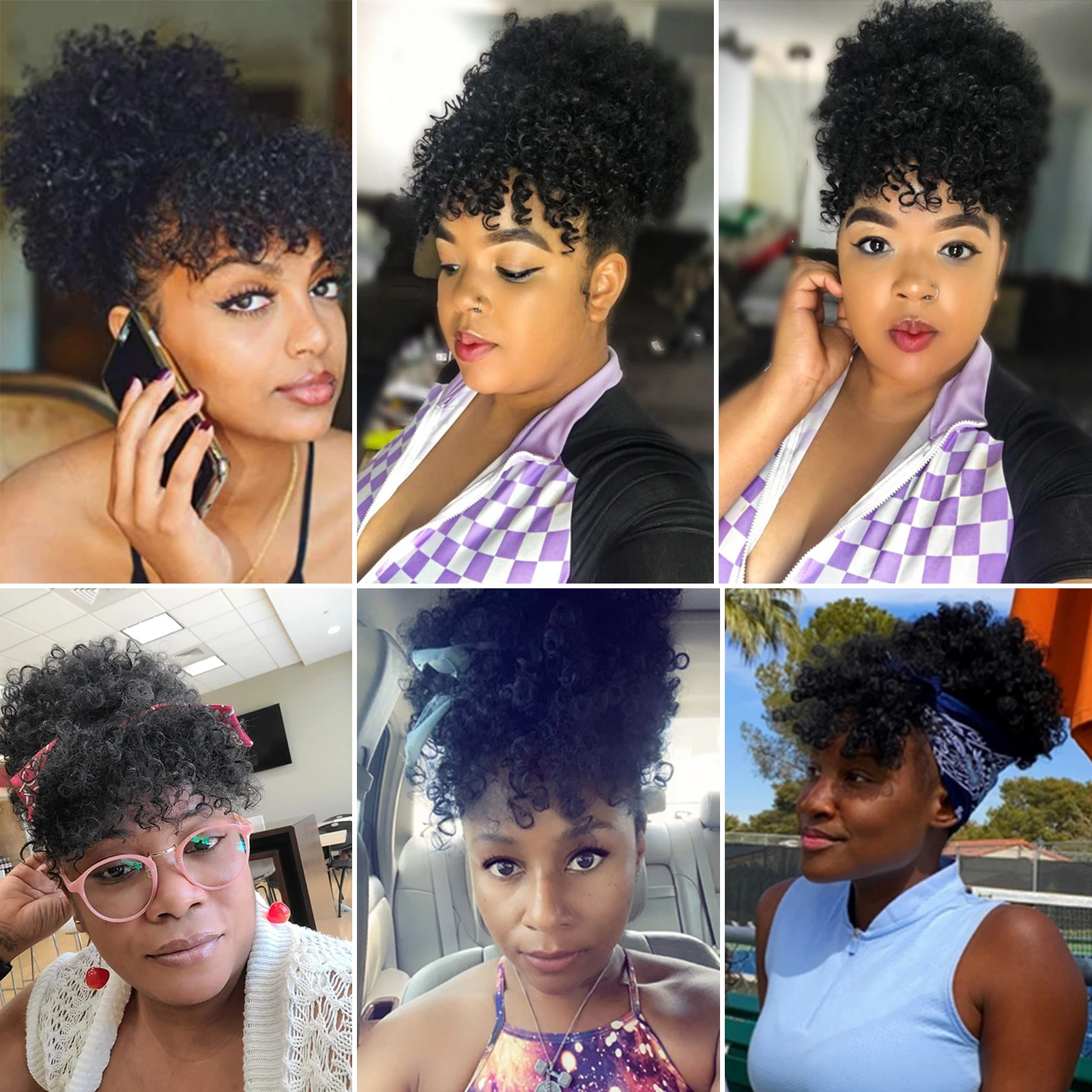 Synthetic Afro Puff Drawstring Ponytail with Bangs Pineapple Updo Hair for Black Women Short Kinky Curly Ponytail Bun thumbnail 6